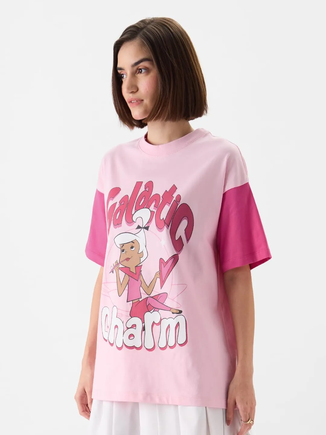 The Souled Store Official The Jetsons: Galactic Charm Women and Girls Oversize Fit Half Sleeves Graphic Printed Cotton Pink Color T-Shirt