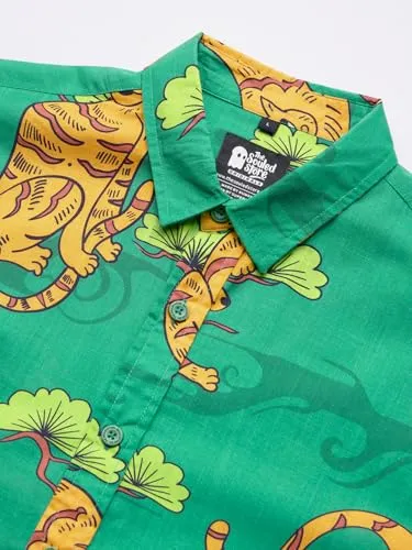 The Souled Store Tiger Folk Men and Boys Short Sleeves Collared Neck Button Front Green All Over Printed Cotton Holiday Shirts