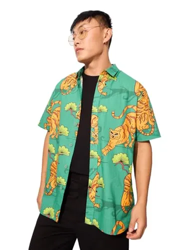 The Souled Store Tiger Folk Men and Boys Short Sleeves Collared Neck Button Front Green All Over Printed Cotton Holiday Shirts