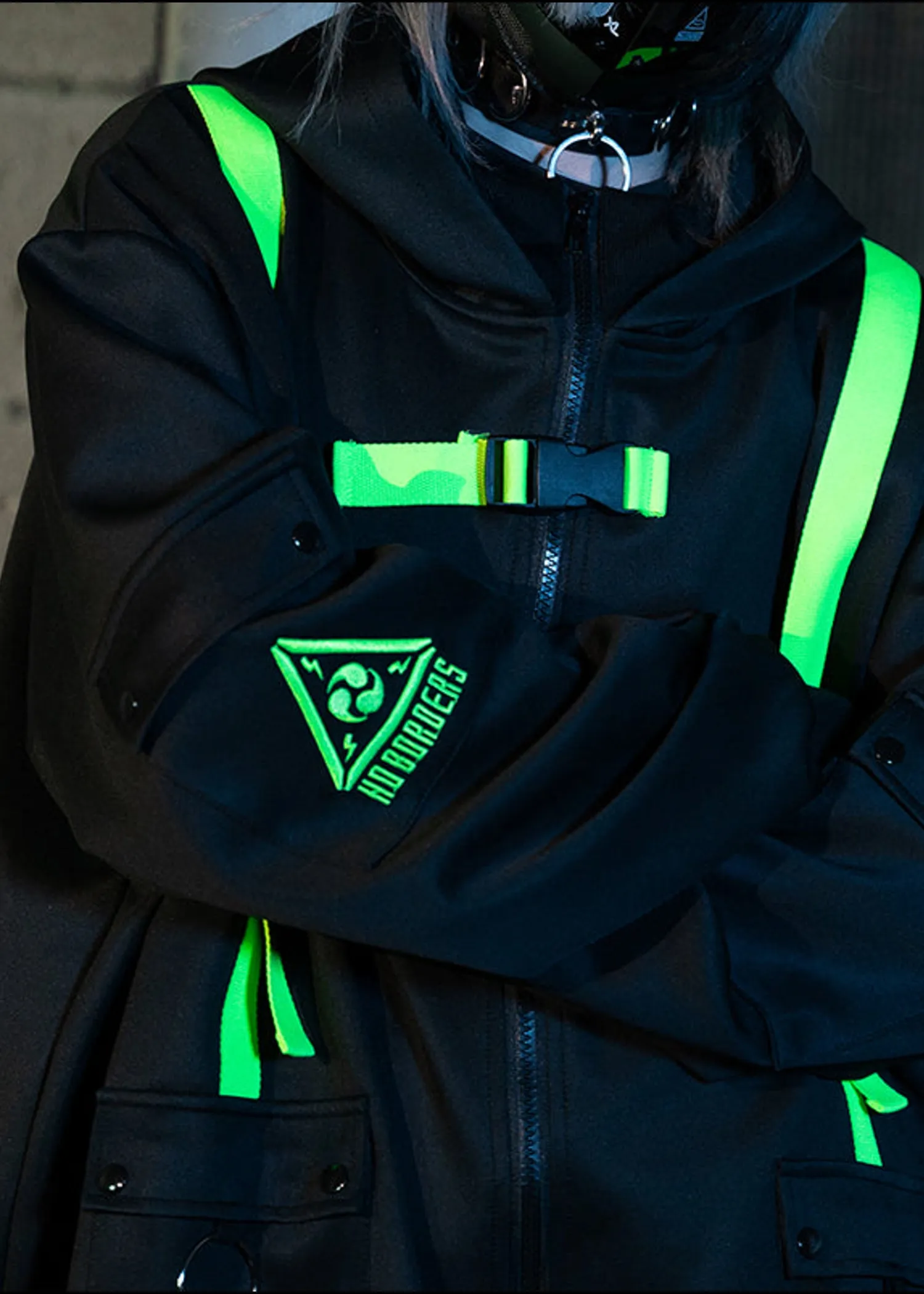 Uzurai Cyberpunk Tech Oversized Black Green Jacket