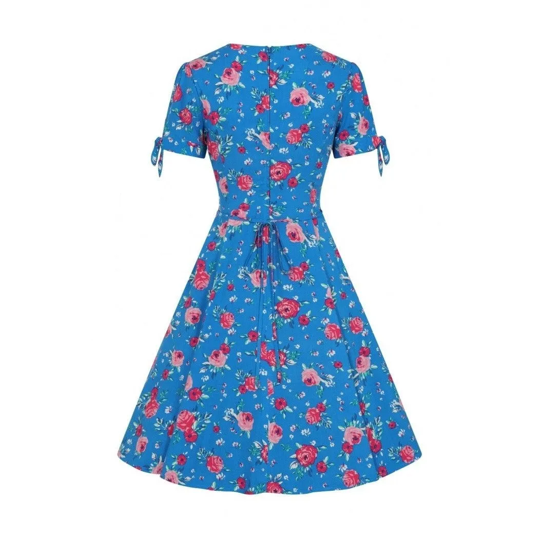 Vibrant Blue Pink Floral Fit And Flare Swing Dress