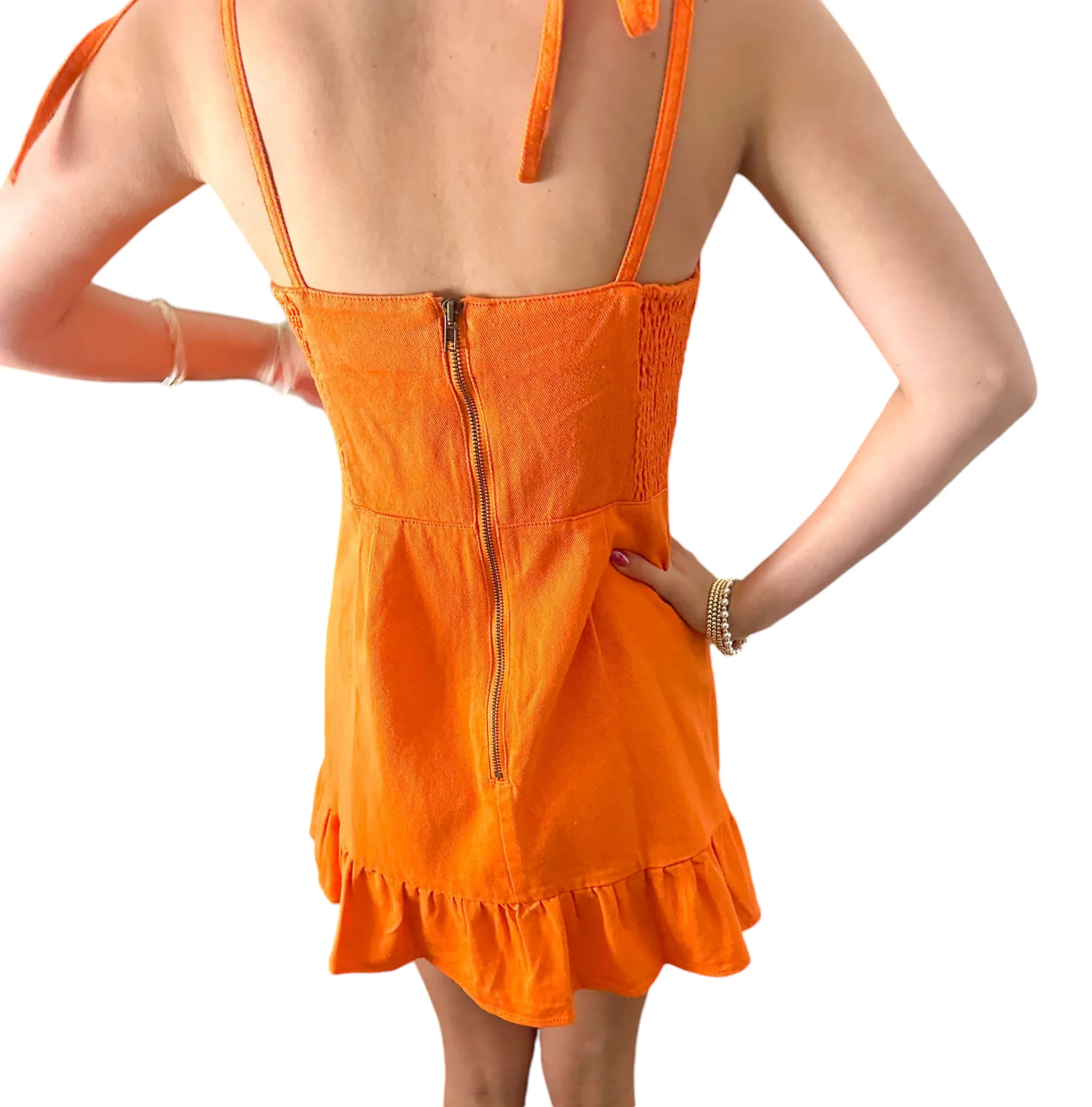 Vibrant Orange Ruffle Denim Mini Dress