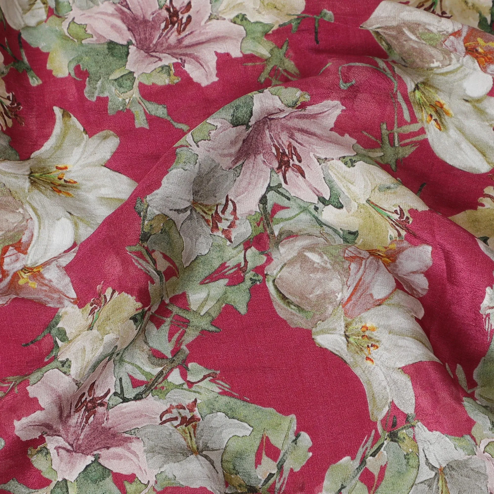 Vibrant Ruby Floral Viscose Crepe Fabric - 110cm Wide - Perfect for Bold Creations - Buy Online-D18222