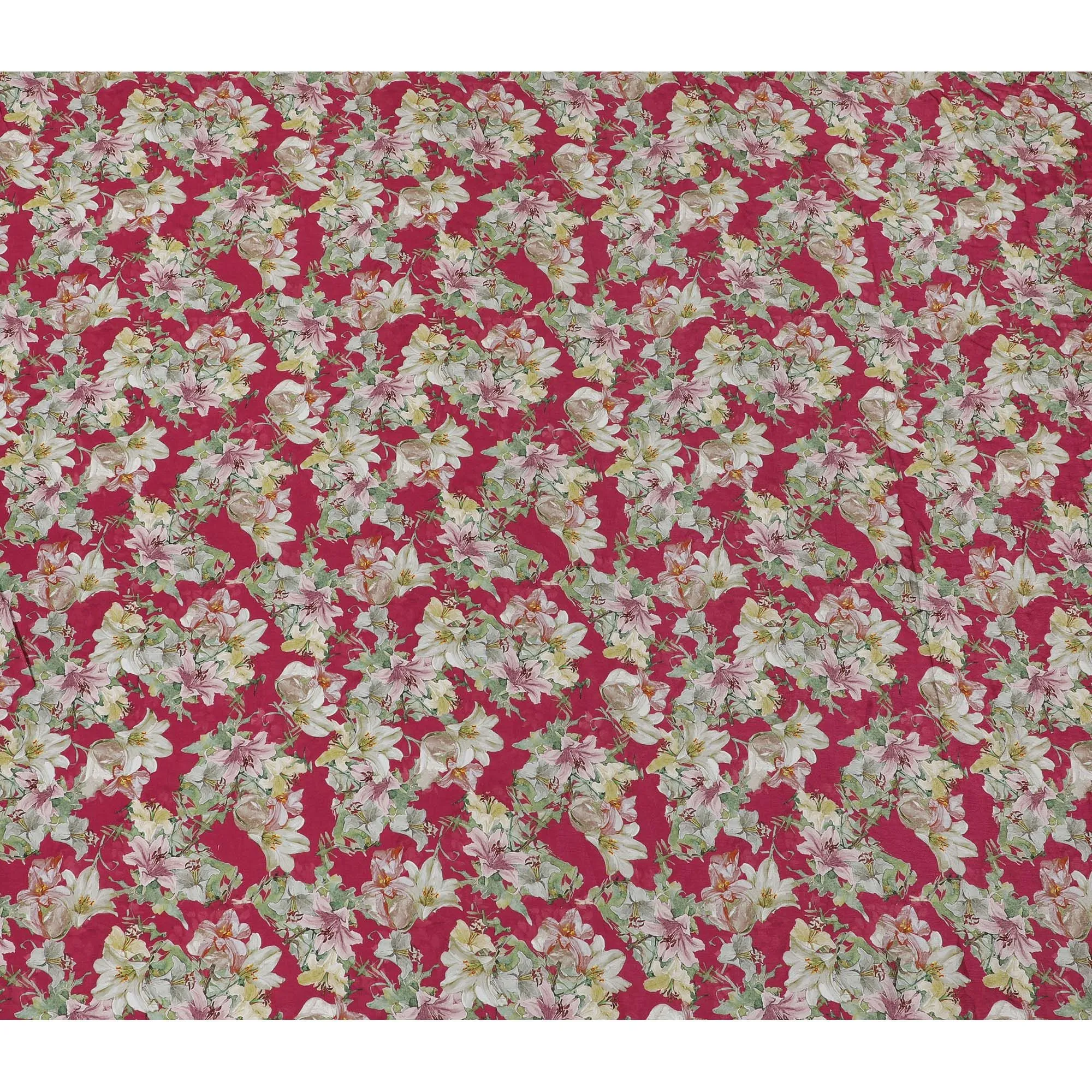 Vibrant Ruby Floral Viscose Crepe Fabric - 110cm Wide - Perfect for Bold Creations - Buy Online-D18222