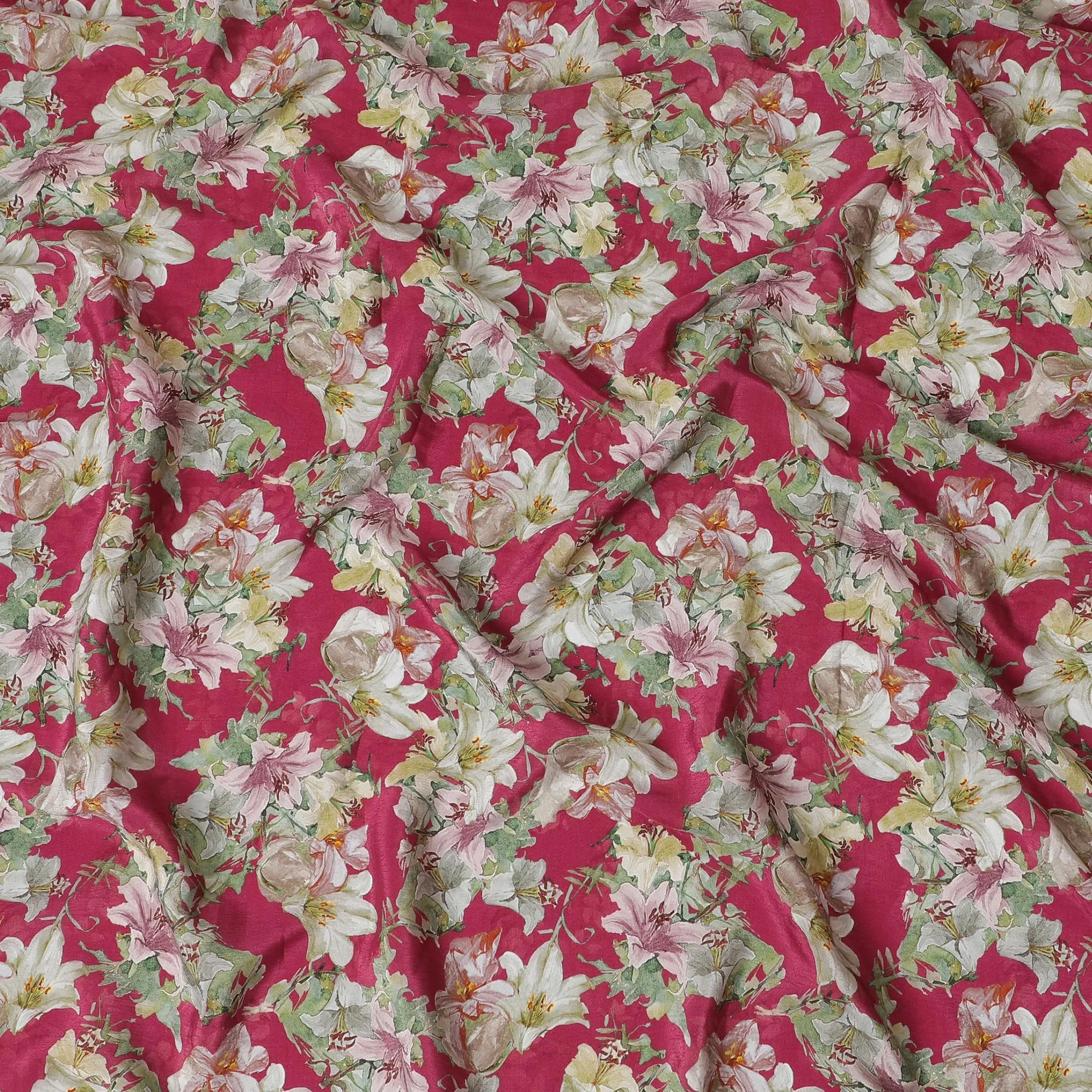 Vibrant Ruby Floral Viscose Crepe Fabric - 110cm Wide - Perfect for Bold Creations - Buy Online-D18222