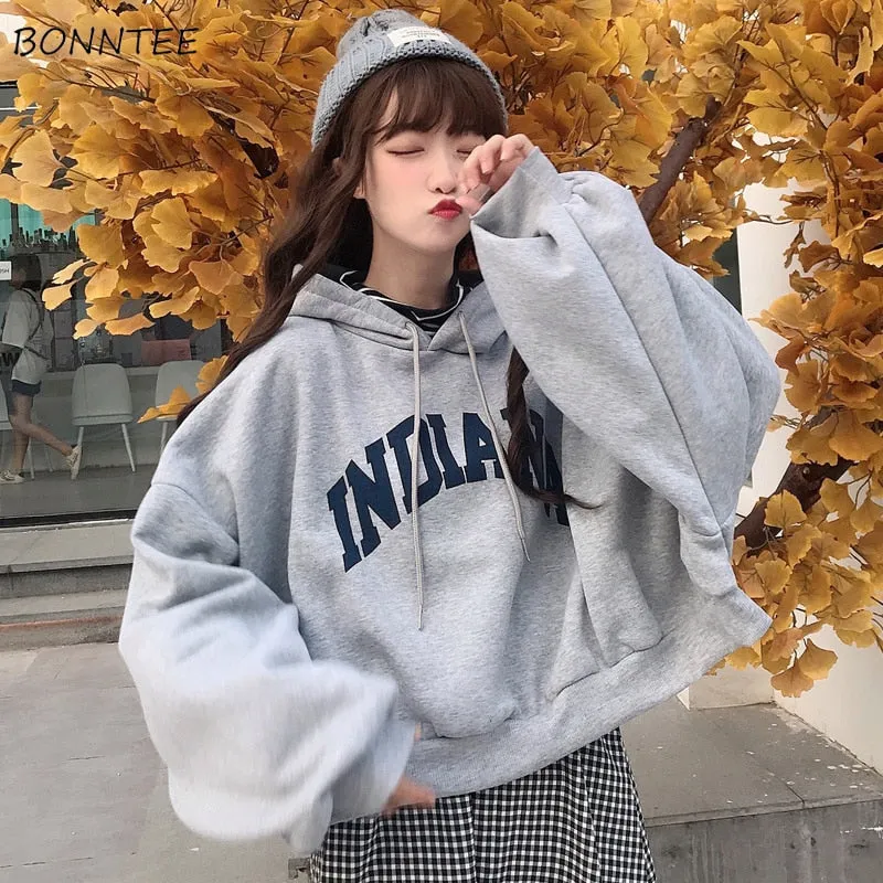 Women Hooded Oversize Thick Plus Velvet Loose False Two-piece Letter Print Hoodie