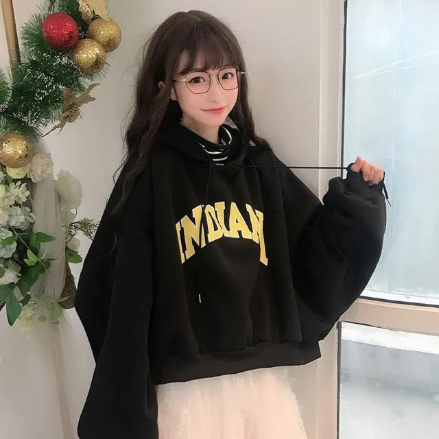 Women Hooded Oversize Thick Plus Velvet Loose False Two-piece Letter Print Hoodie