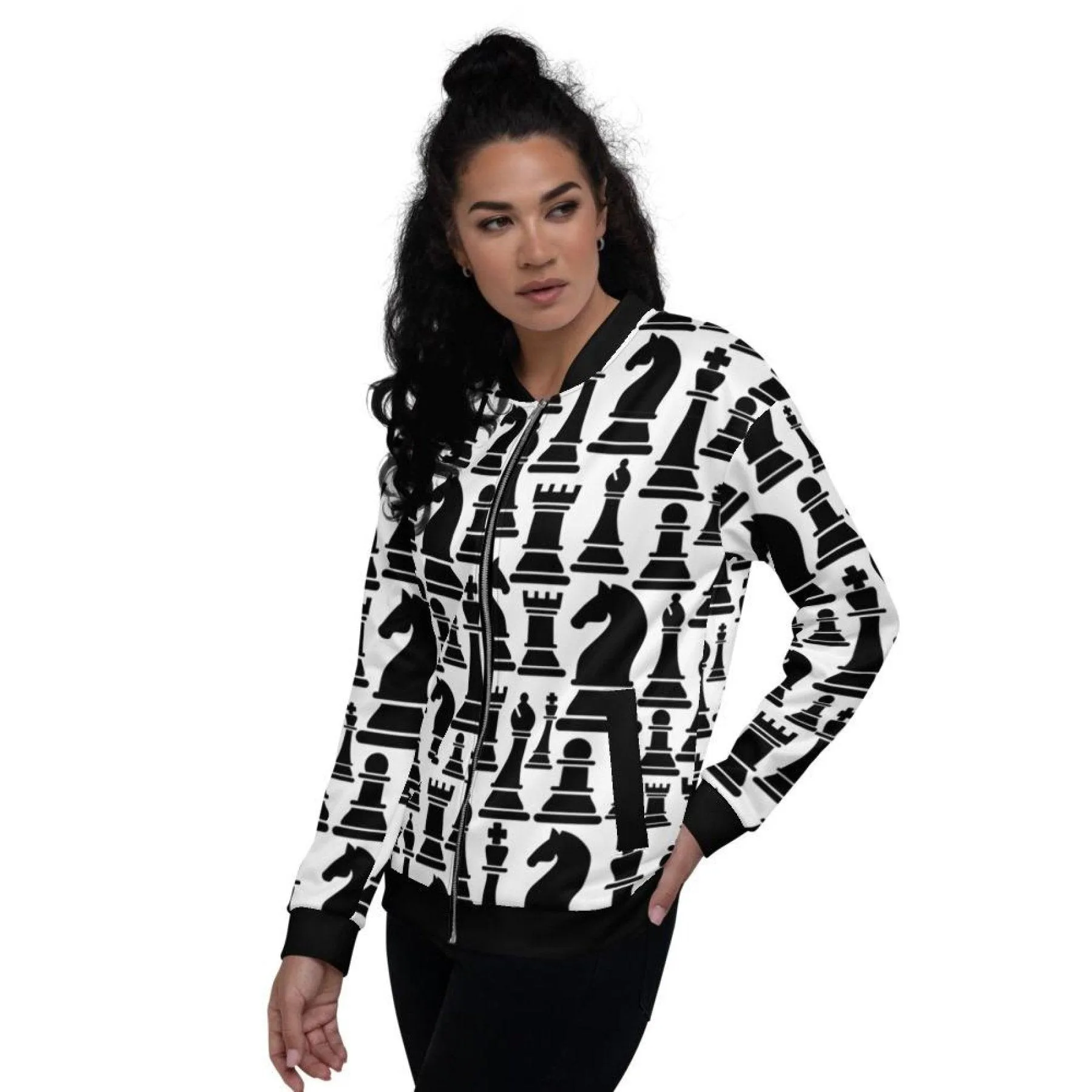 Womens Jacket - Black And White Chess Style Bomber Jacket