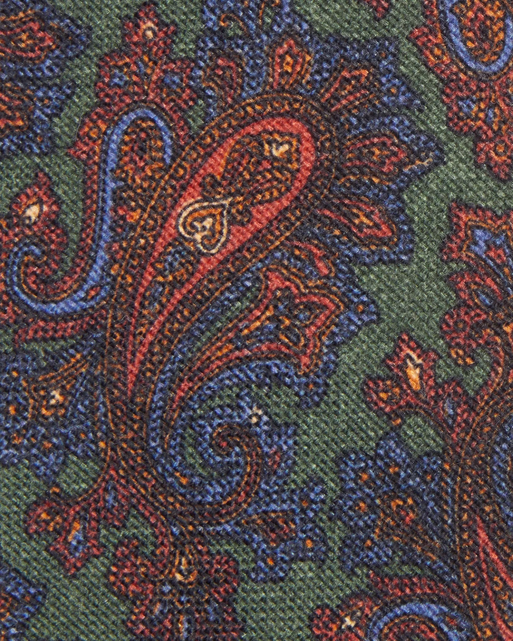 Wool Print Tie in Hunter Green/Blue Paisley