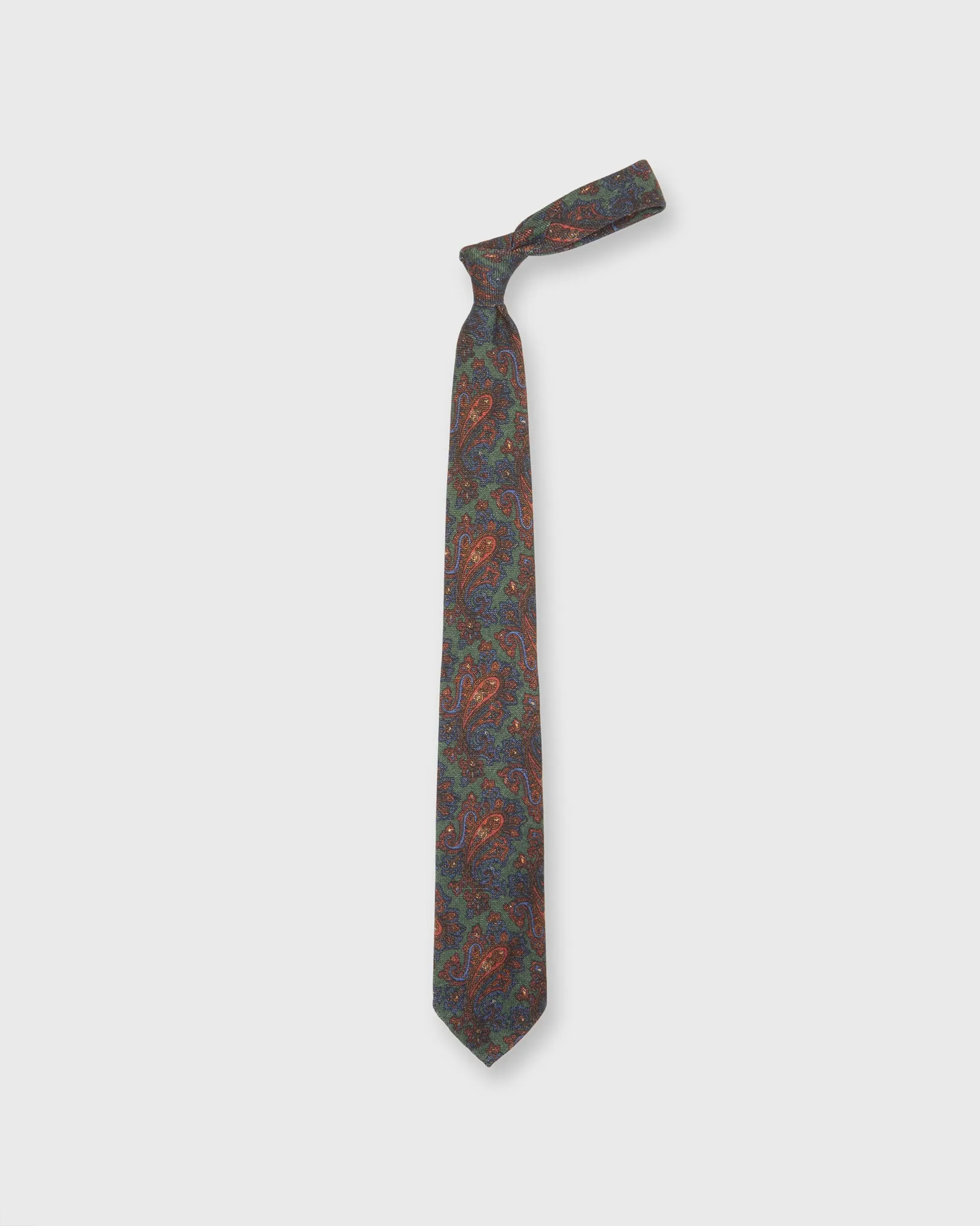 Wool Print Tie in Hunter Green/Blue Paisley