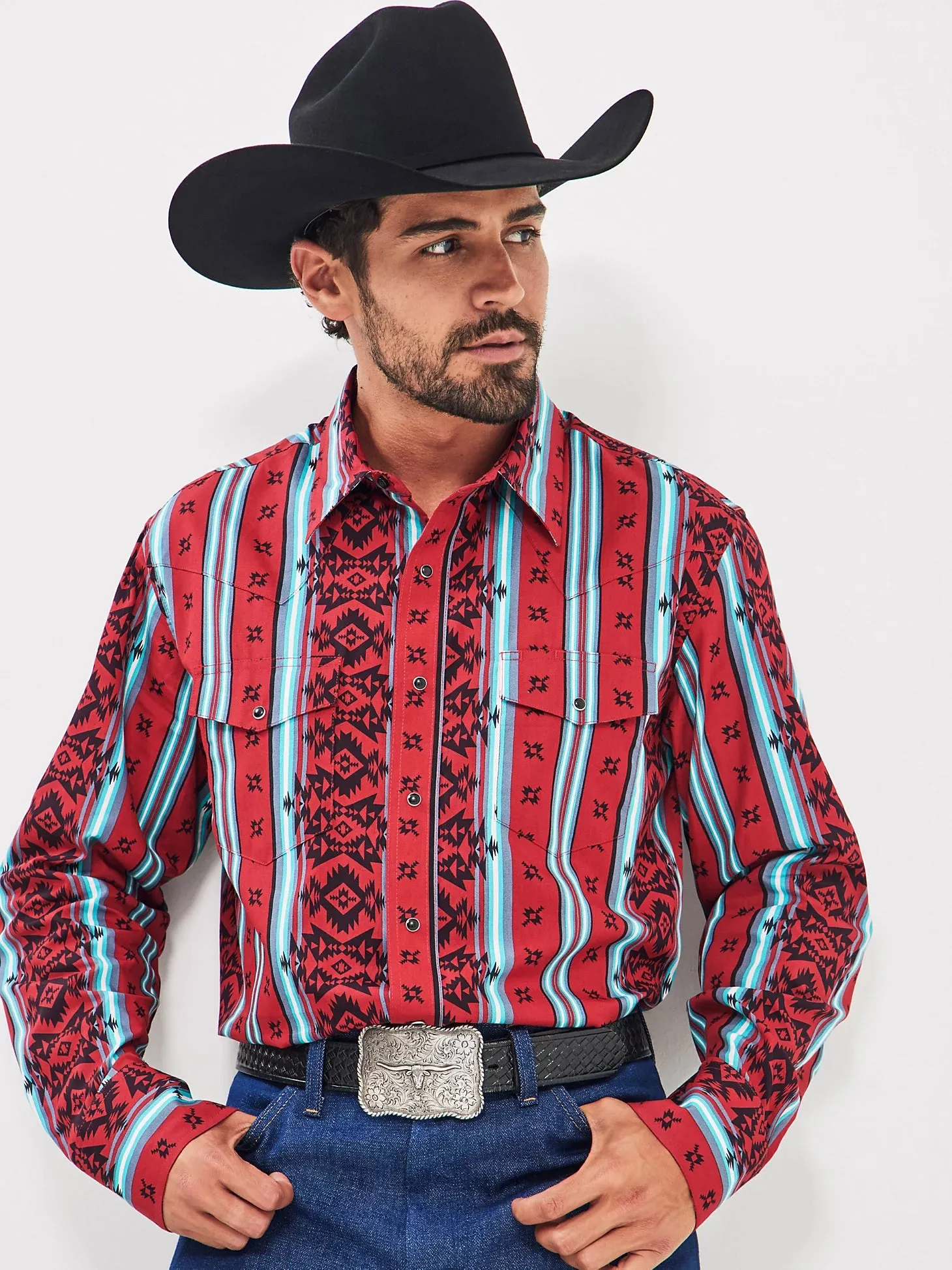 Wrangler Men's Checotah Long Sleeve Western Snap Printed Shirt - Sonoran Red - 112355376