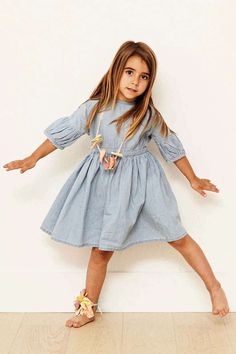 Yellow Pelota Oahu Girls Dress - Washed Denim