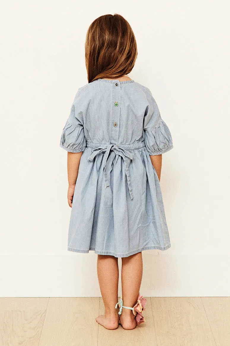 Yellow Pelota Oahu Girls Dress - Washed Denim